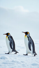 Obraz premium Two Emperor penguins walking together on snowy landscape in Antarctica, showcasing wildlife and natural behavior