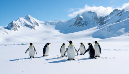Group of Emperor penguins standing on snowy landscape in Antarctica, showcasing wildlife and icy environment