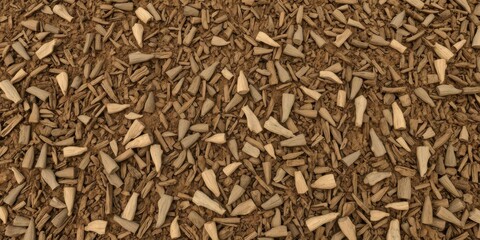 Rich brown mulch, textured surface, wood chips, decomposition, winter