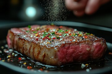 Close-up of a juicy grilled steak being seasoned with salt and spices. The steak rests on a black plate, its surface glistening with flavorful oils.