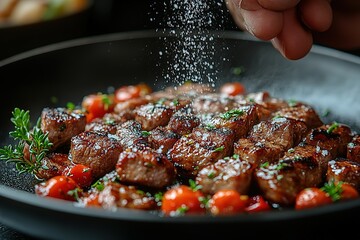 Close-up of a hand seasoning bite-sized beef pieces with salt. The meat, cooked to a rich brown color, sits amidst fresh cherry tomatoes and herbs in a black pan.