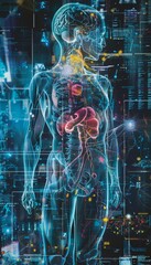 Fototapeta premium Holographic human anatomy intertwined with digital interfaces for advanced health visualization