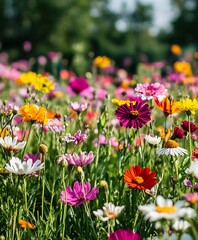 Vibrant Meadow of Multicolored Wildflowers in Full Bloom on Sunny Day : Generative AI