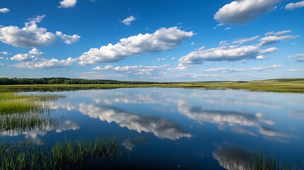 Fototapeta premium Idyllic Lake With Reflections Of Fluffy Clouds Under Vast Blue Sky In Serene Countryside : Generative AI