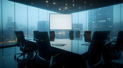 Modern empty conference room with city view at night.