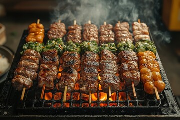 A grill with a variety of meats and vegetables on it