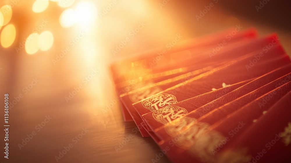 Poster a set of red envelopes fanned out elegantly with golden chinese calligraphy glowing softly in warm a