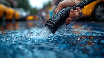 A hand wields a hose, splashing water in a colorful, lively city scene