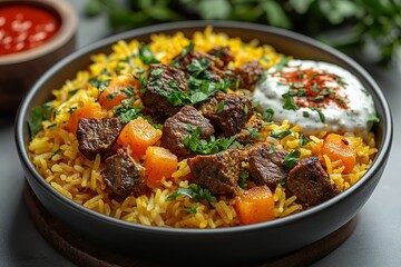 A bowl of rice with meat and vegetables