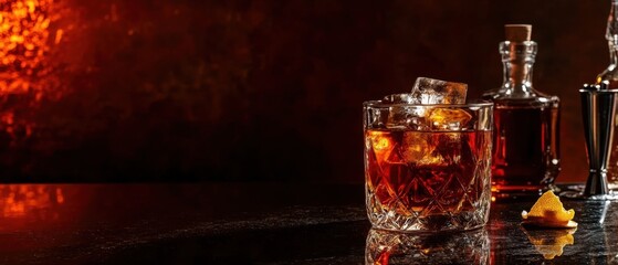 Dark and Luxurious Whiskey Cocktail with Ice Cubes on Black Table