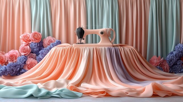 A charming workspace features a vintage sewing machine amidst soft fabrics and vibrant flowers