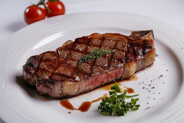 A steak is on a white plate with parsley and tomato slices