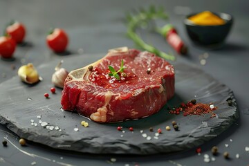 A piece of meat is on a black plate with a variety of spices and herbs