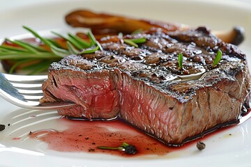 A piece of meat is cut in half and is sitting on a plate with a fork