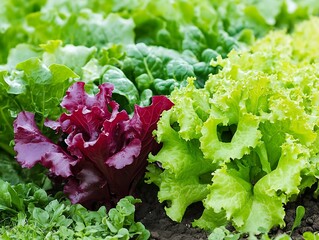 Closeup of diverse colorful salad leaves in a thriving vegetable garden : Generative AI