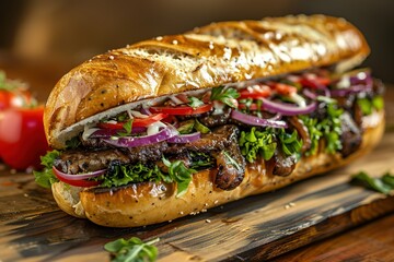 A large sandwich with meat, lettuce, and onions on a wooden table