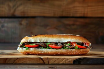 A sandwich with meat, lettuce, and tomatoes on a wooden cutting board