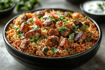 A bowl of food with meat and rice