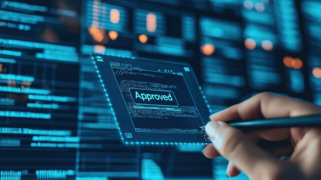 A person interacting with a digital interface displays the word "Approval" amidst a backdrop of data visualizations in blue tones.