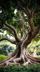 Ancient Tree with Entwined Roots in Lush Green Garden With Sunlight : Generative AI