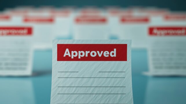 A series of approval cards is displayed, with the foremost card boldly marked "Approved" in red, highlighting success and validation.