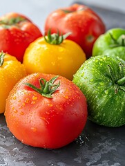 Fototapeta premium Vibrantly Colorful Assortment of Red Yellow Green Tomatoes with Fresh Dew Drops : Generative AI