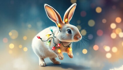 Rabbit with Christmas Lights Wrapped Around Its Ears. Hopping in a Vibrant Watercolor Scene. Free Christmas Background. Chrismas Wallpaper. Cool Wallpaper 4k