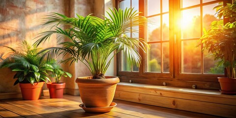 Obraz premium Double Exposure Indoor Palm Plant Sunlight Warm Home Decor Photography - Surreal Botanical Art