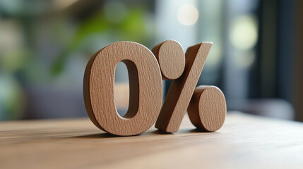 Wooden "0%" symbol on a table, representing eco-friendly zero interest or promotions.