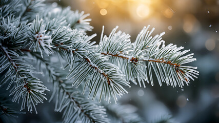 Frosted Christmas Tree Branch with Festive Lights Bokeh  
