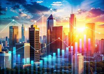 Obraz premium Double Exposure Photography Concept for Corporate Business Plan Brochure Featuring City Skyline and Abstract Graphs with Professional Elements and Clean Design