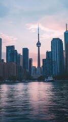 Obraz premium Toronto Skyline at Twilight Featuring CN Tower and Modern Skyscrapers Reflecting on Lake Ontario : Generative AI
