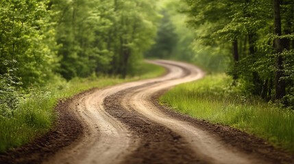 Fototapeta premium Serene Curved Dirt Road Winding Through Lush Green Forest in Summer : Generative AI