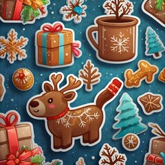 Fototapeta premium D Sticker-Style Holiday Icons ,A playful sticker-inspired icon set showcasing winter holiday themes: snowflakes, reindeer, gift boxes, mugs of cocoa,Generative Ai 