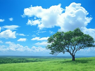 Fototapeta premium Solitary tree in lush green field under vibrant blue sky on a bright sunny day : Generative AI