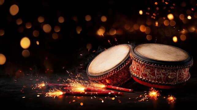 A pair of hand drums with intricate red and gold designs, surrounded by firecrackers