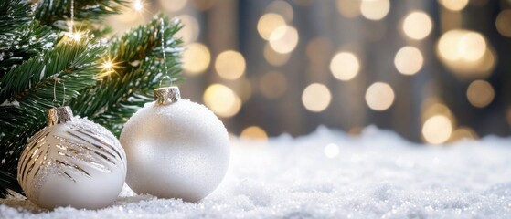 Obraz premium Sparkling White Christmas Ornaments on Snowy Branch with Festive Lights