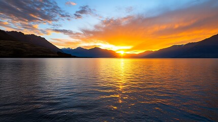 Obraz premium Stunning Sunset Over Mountainous Lake Horizon with Vibrant Colorful Sky : Generative AI