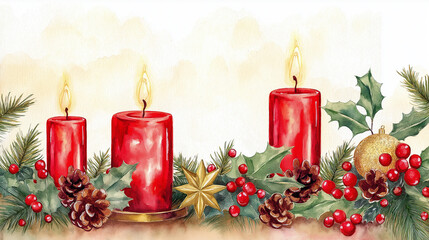 Christmas decoration with red candles, holly, berries, and pine cones burning brightly