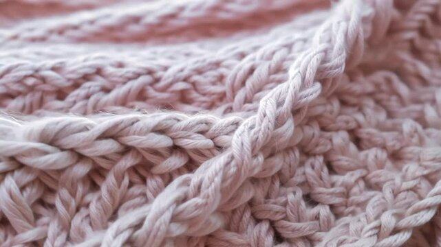 Soft pastel knitted wool texture video features intricate cable patterns in an establishing scene