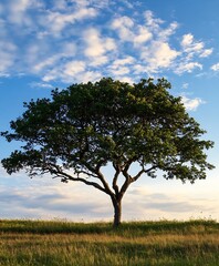 Obraz premium Serene Lone Tree in Scenic Meadow Underneath a Vibrant Blue Sky with Fluffy Clouds : Generative AI