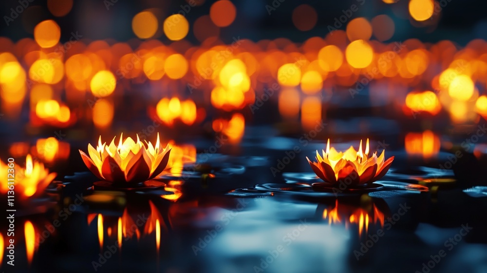 Poster A collection of glowing Yuanbao candles placed on a smooth reflective surface, creating a warm and auspicious scene
