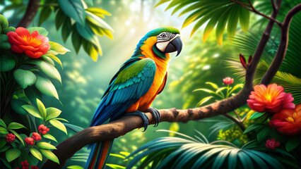 Naklejka premium Macaw (Ara). Large colorful parrots with long tails and strong beaks. Known for vibrant feathers in red, blue, green, and yellow. Native to Central and South American rainforests.