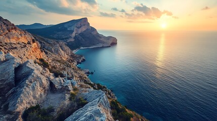 Fototapeta premium Sunrise Over Rocky Coastal Cliffs with Vast Ocean Horizon : Generative AI