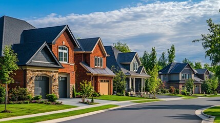 Naklejka premium Suburban Neighborhood with Row of Elegant Houses Along a Beautiful TreeLined Street : Generative AI