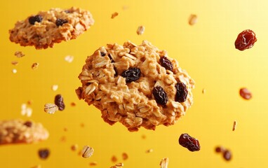 Oatmeal cookies with raisins flying energetically on a sunny yellow background