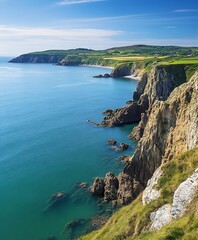 Fototapeta premium Dramatic Coastal Cliffline with Majestic Rock Formations Meeting the Deep Blue Expanses of the Sea : Generative AI