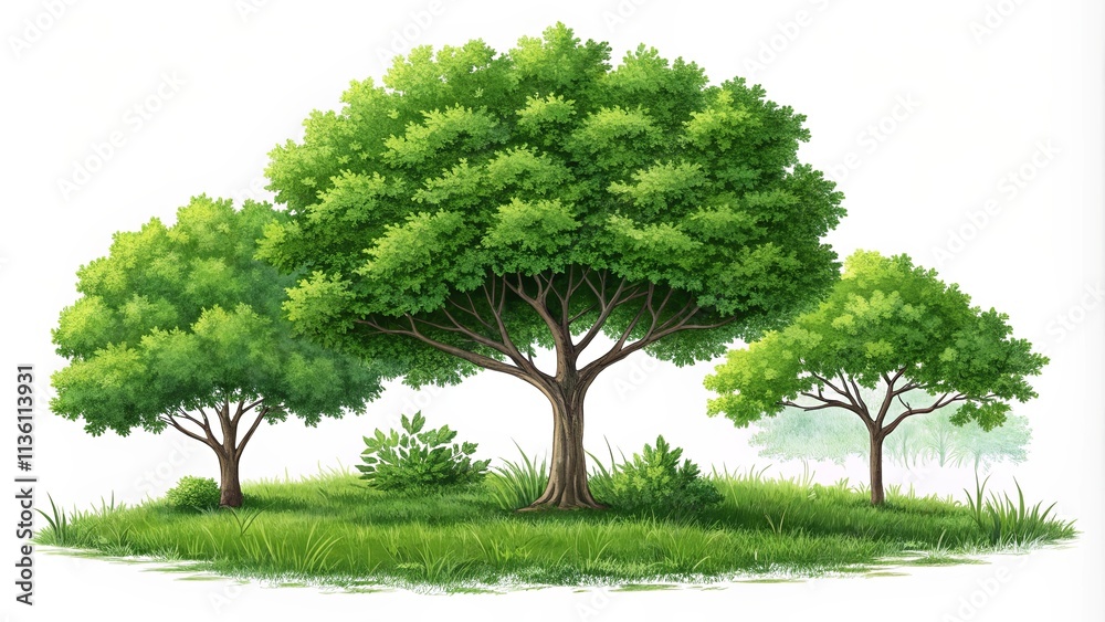 Poster three trees are standing in a grassy field