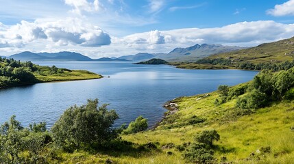 Tranquil Highland Landscape with Serene Loch and Rolling Green Hills in Scotland : Generative AI