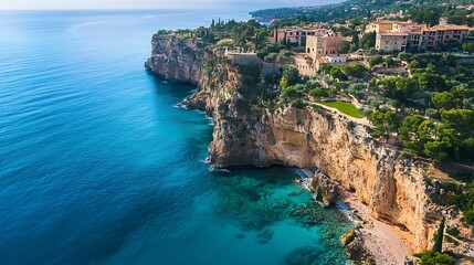 Breathtaking Mediterranean coastal landscape with turquoise waters and stunning cliffside architecture : Generative AI